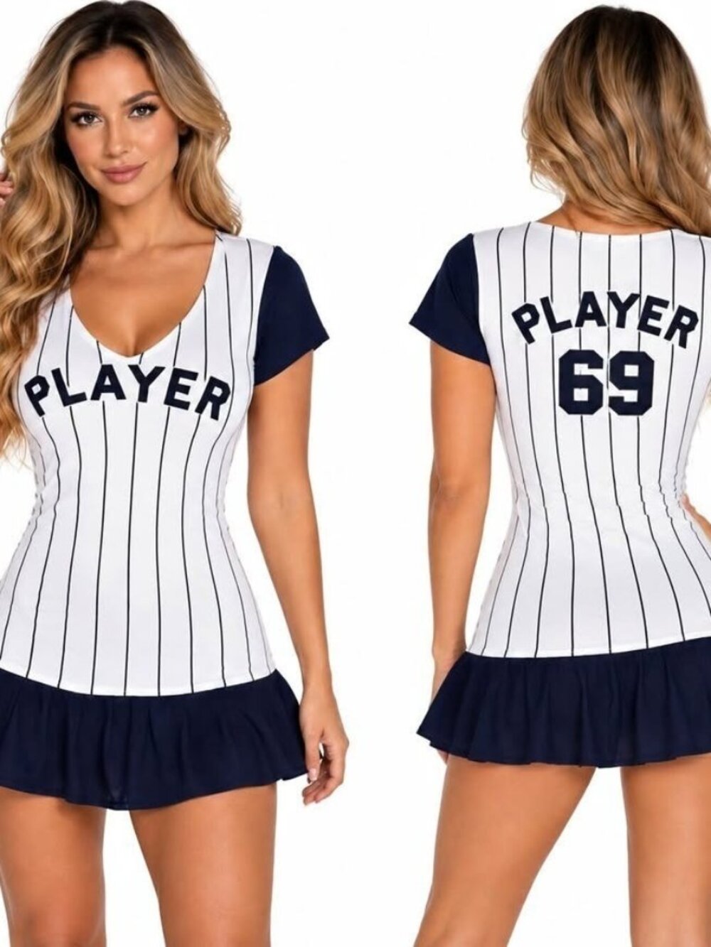 Women's Baseball Player 69 Costume Dress White Black Pinstripe Halloween